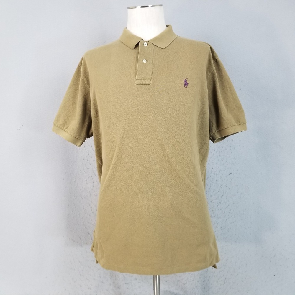 Polo Ralph Lauren Shirt Mens XL Tan‎ Polo Short Sleeve Pique Purple Pony Logo